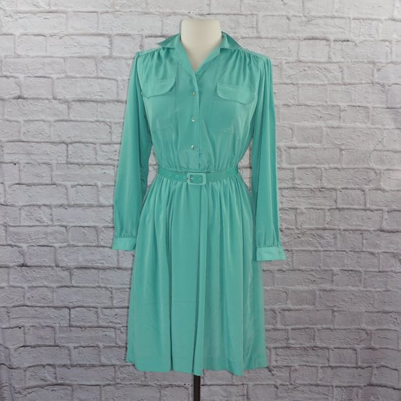 Vintage 80s Mint Green Shirt Dress - Picture 1 of 6